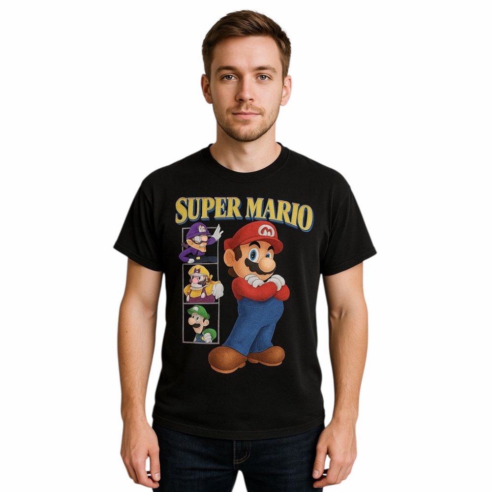 Super Mario Graphic T-Shirt Men M Black Casual Gamer Classic Retro Crew Neck Tee